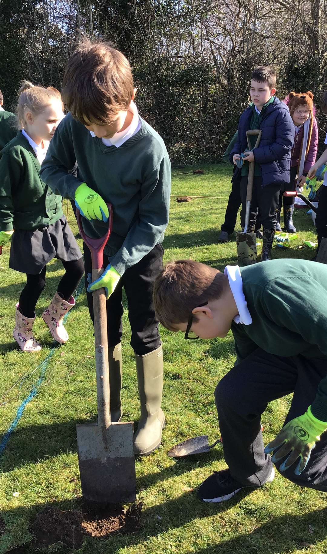 Pupils get digging ready to plant the trees and shrubs.