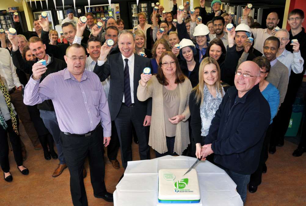 Wingland Foods, Sutton Bridge, 15th anniversary'Staff celebrate with Jon Pinder, General Manager, longest serving employees Martin Davey and Debbie Stapley cut cake ANL-150704-123639001