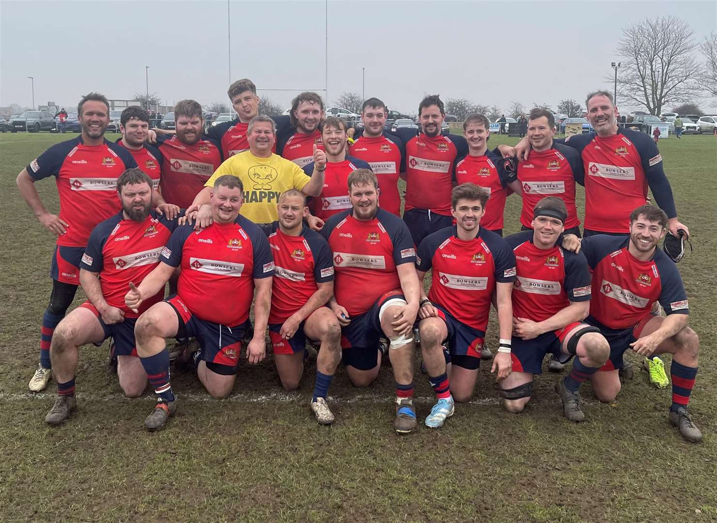 A jubilant Wisbech team face the camera after an empathic 29-8 win away to March Bears