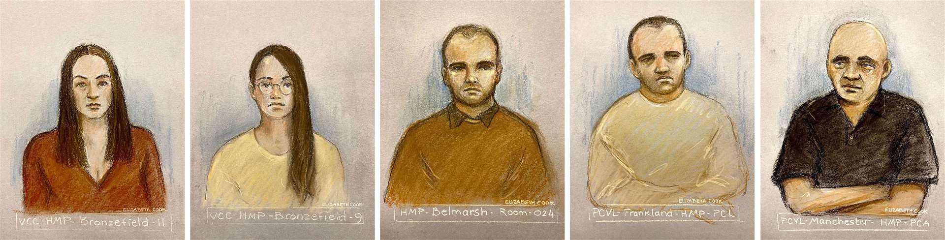 Court artist sketches of Bulgarian nationals (l to r) Katrin Ivanova, Vanya Gaberova, Orlin Roussev, Ivan Stoyanov and Bizer Dzhambazov (Elizabeth Cook/PA)