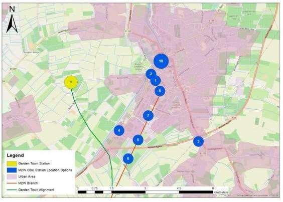 The preferred Wisbech Station location should be as close to the town centre as possible and land south of the Purina site has been identified but is subject to further assessment, design and consultation. The map below shows the other options considered for the Wisbech Station location and the preferred option is labelled 10. (30680166)