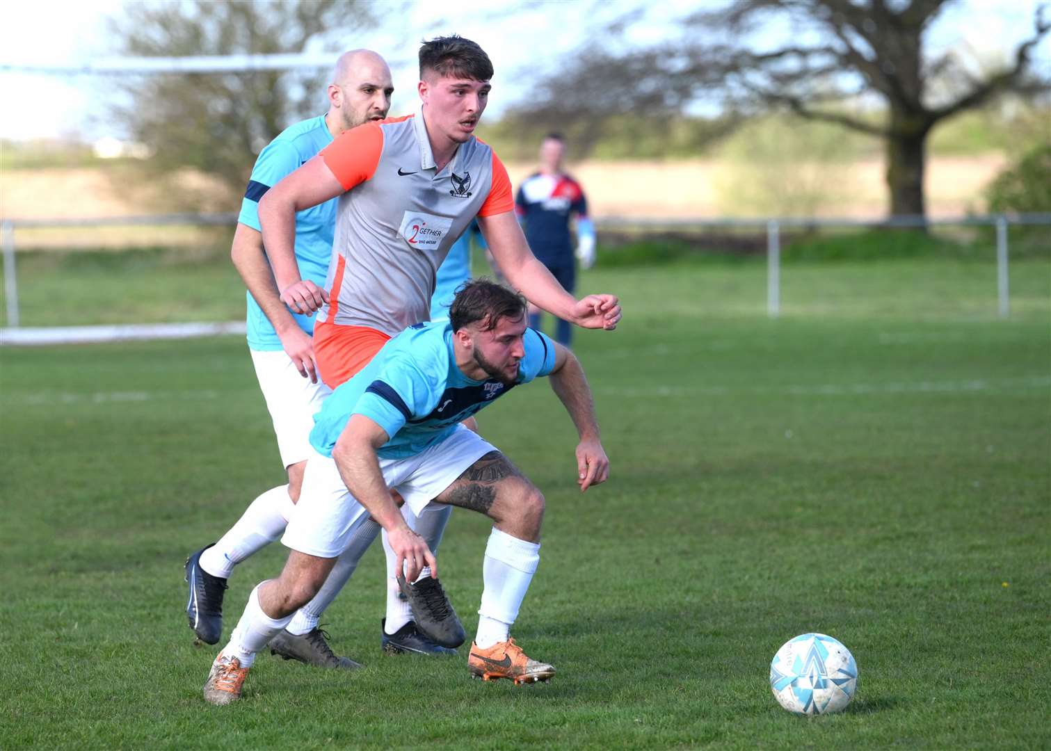 Parson Drove (grey and orange) v Holland (blue). Jack Prentice