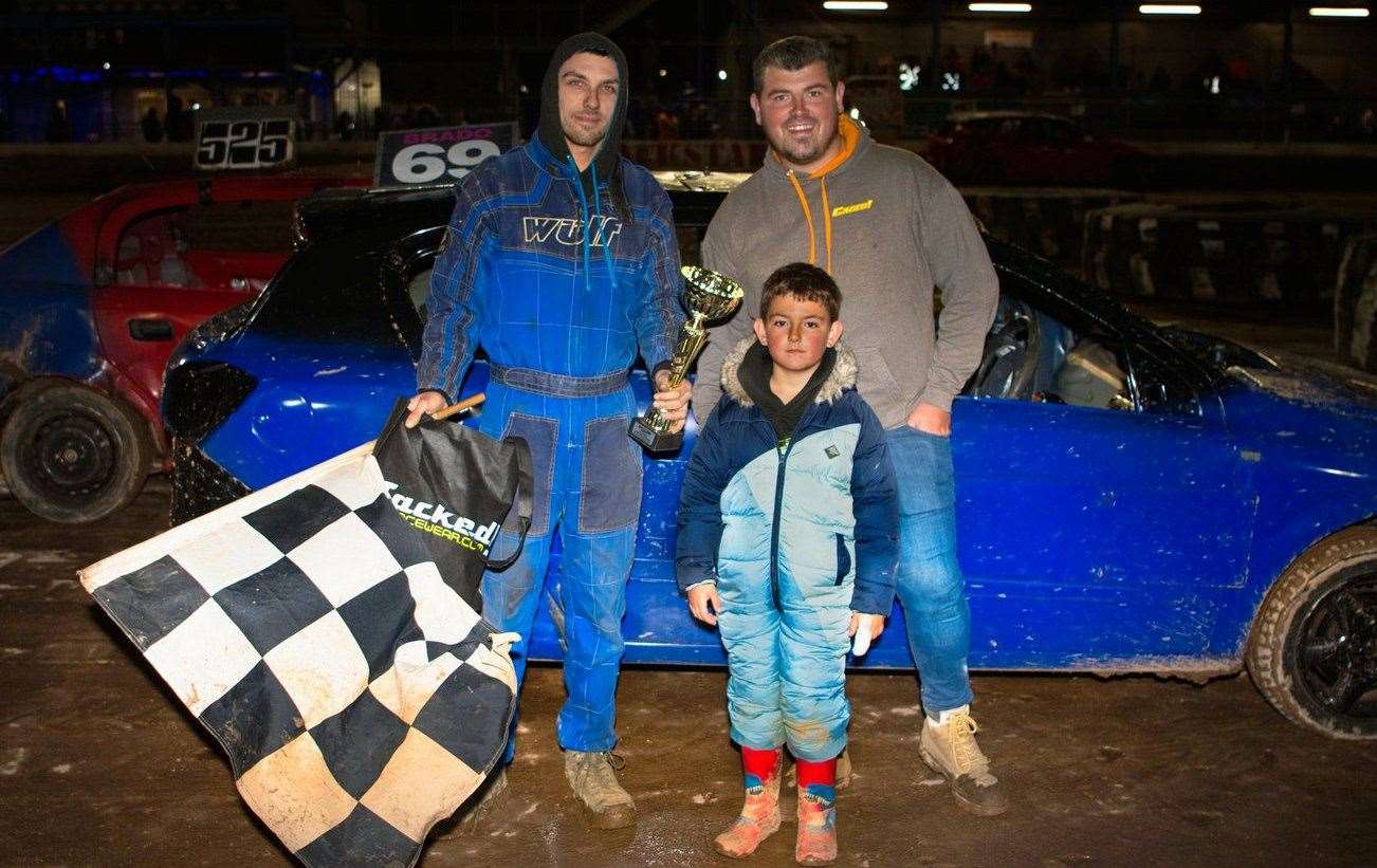 Brad Bartram following victory in the 1600cc banger caged open. Picture: Jim Harrod