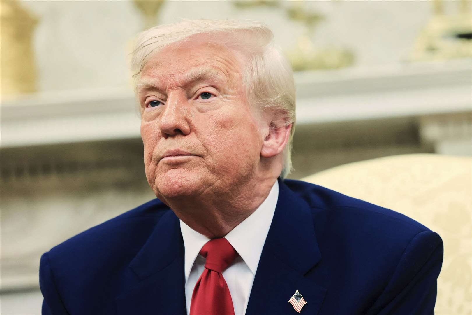 President Donald Trump attends a meeting with Israel’s Prime Minister Benjamin Netanyahu in the Oval Office at the White House in Washington, Monday, April 7, 2025. (Pool via AP)