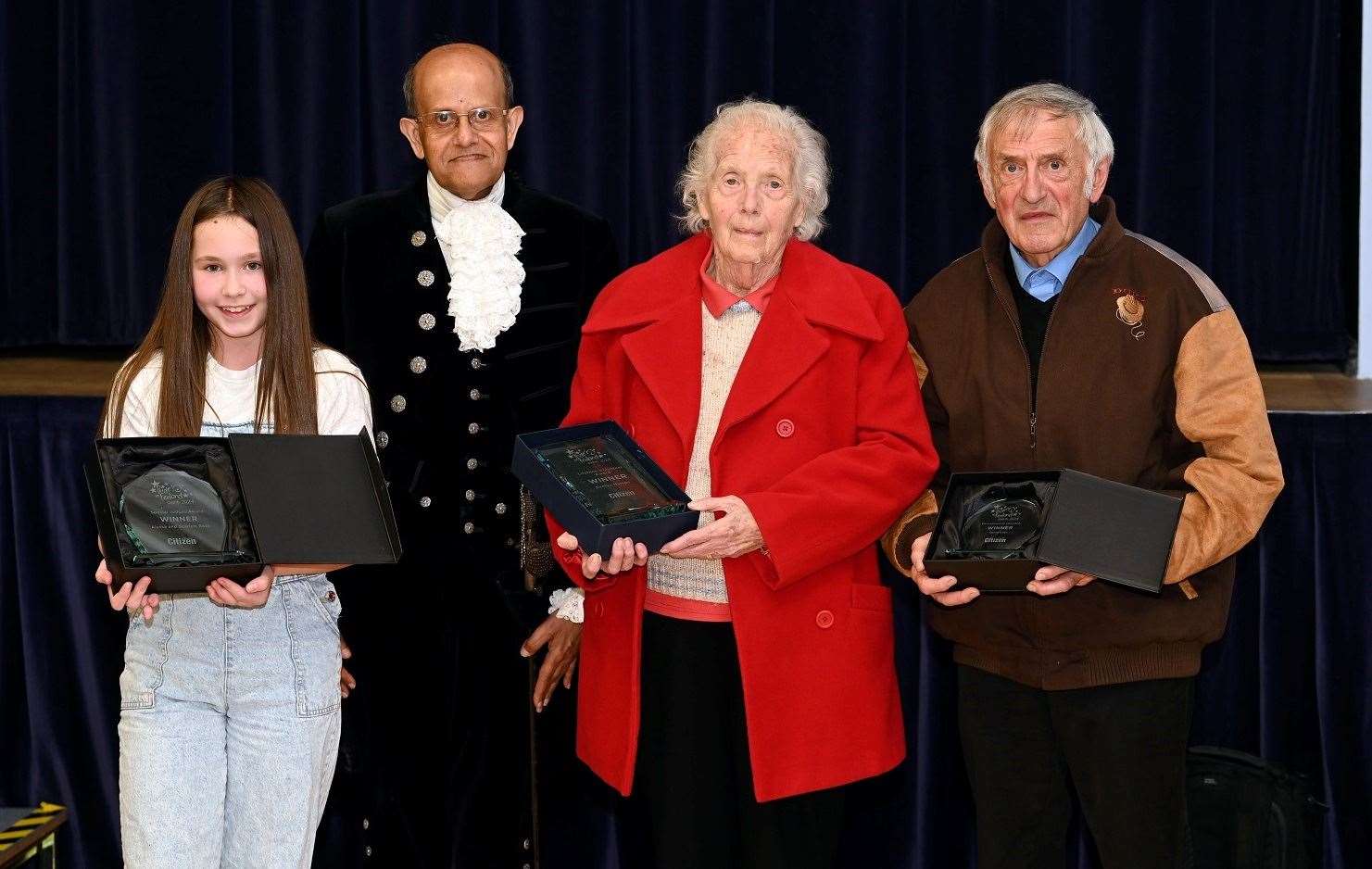 Special Judges Award joint winner for 2024 Alyssa Bass, Lifetime Volunteer winner Evelyn Hamps and Environmental Award winner David Rose with Cambridgeshire High Sheriff Dr Bharatkumar Khetani