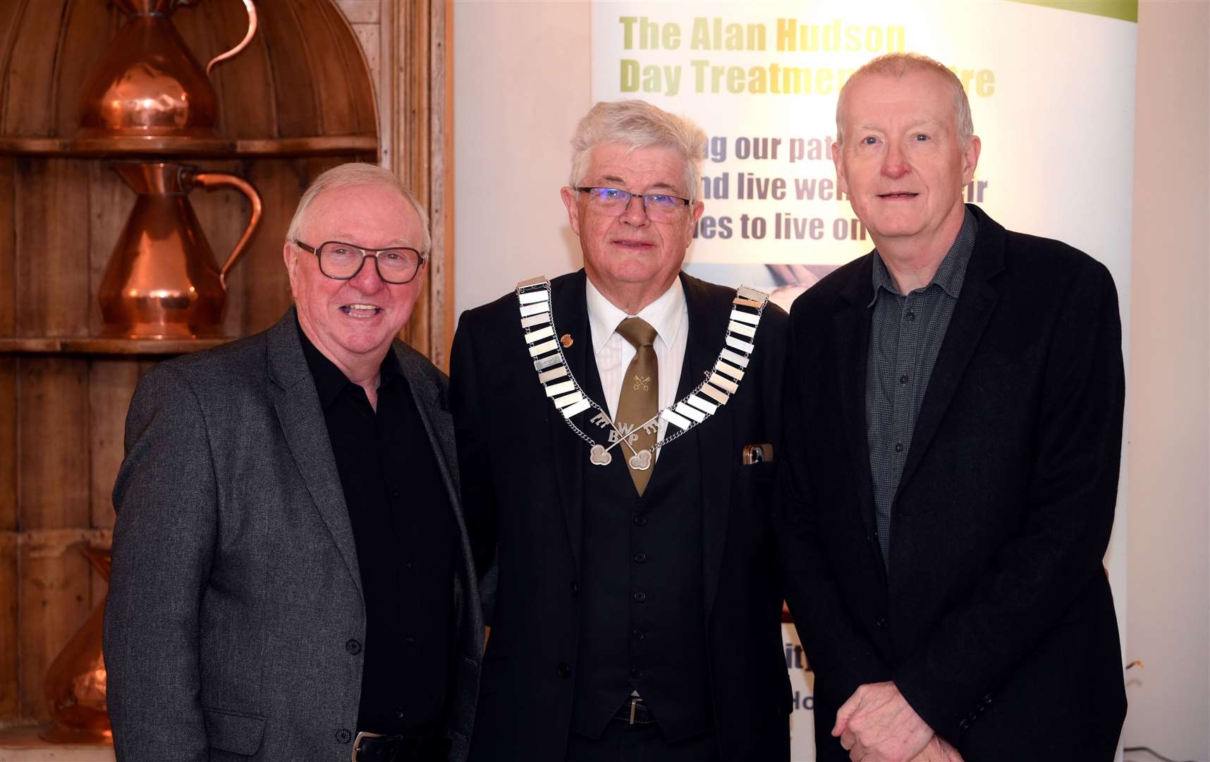 Wisbech Business Professional Men's Club 50th Anniversary with an audience with left Dennis Taylor, Derrick Holmes President and Steve Davis