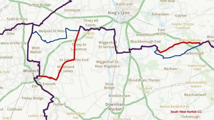 The red line shows the proposed change to South Norfolk boundary, with the blue line the current boundary. (48026428)