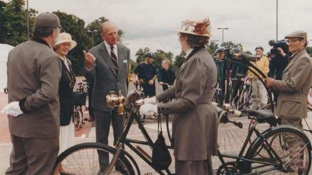 The March Vintage and Veteran Cycle Club have had lots of adventures and attended hundreds of events over the years even rubbing shoulders with royalty on occasions like here meeting the late Duke of Edinburgh Prince Philip.