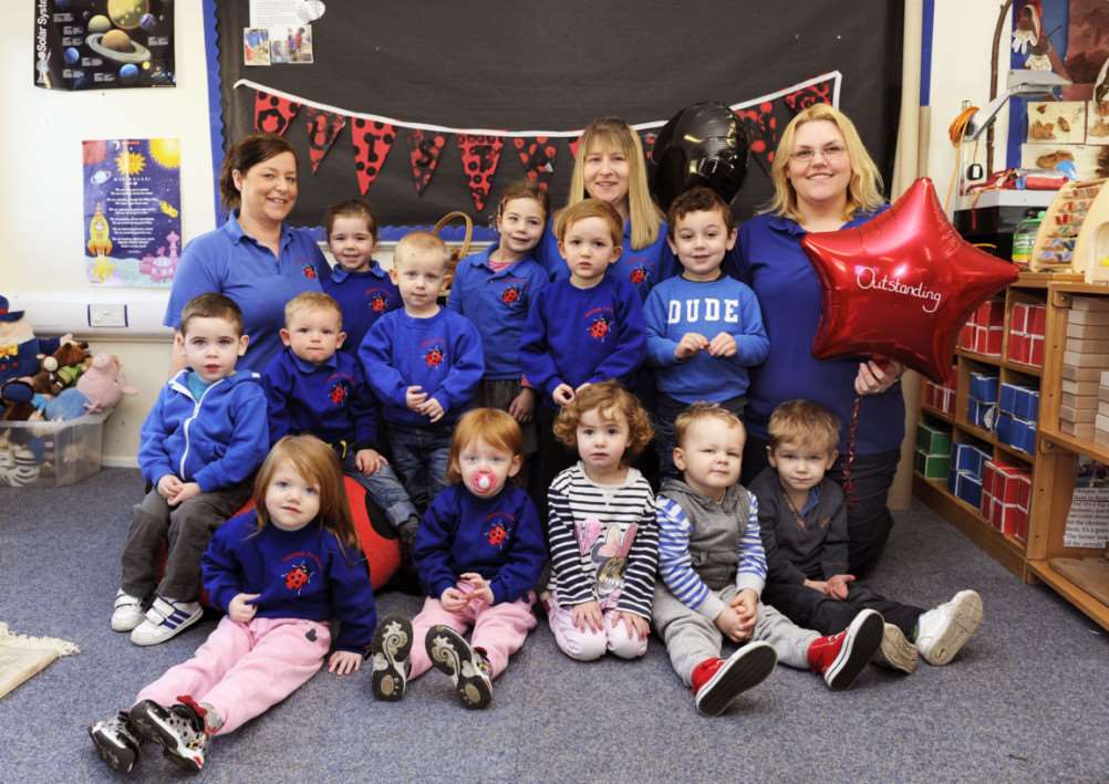 Ladybirds Pre-School at Walpole Cross Keys Primary School, celebrate an outstanding Ofsted report, LtoR,staff, Nikki Courtman, Alison Rust, Emma Bunkall ANL-151003-102144009