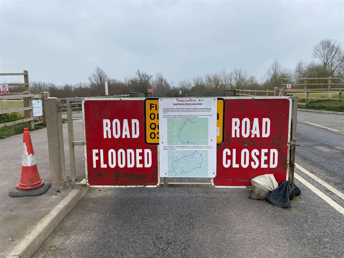 Road closed sign at Welney. Picture: SWNS