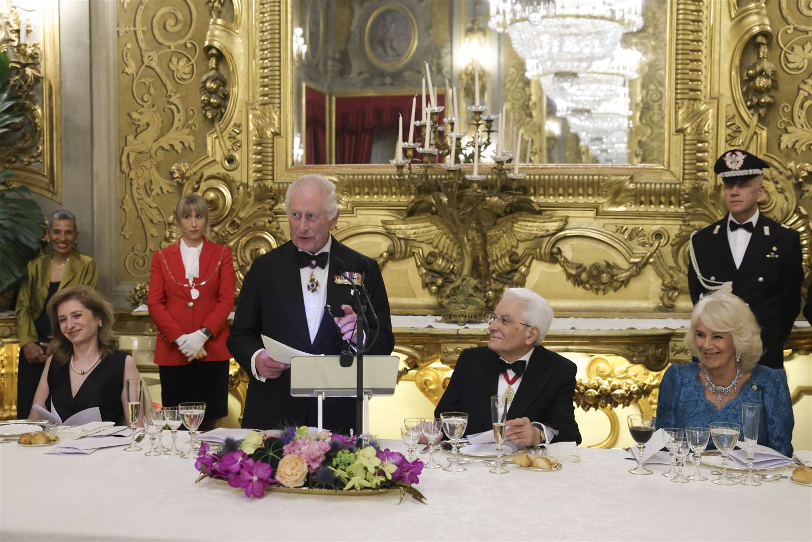 The King, Italian President Sergio Mattarella and Camilla, at a state banquet at the Palazzo Quirinale in Rome, on the third day of the state visit to Italy (Andrew Parsons/PA)