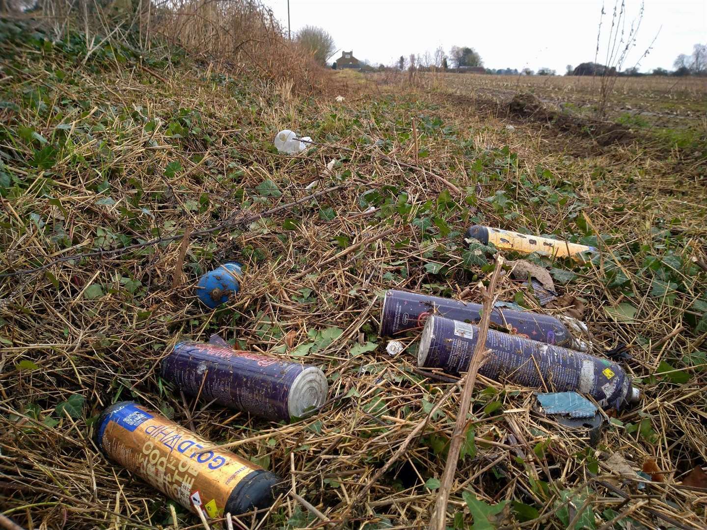 Nitrous Oxide is usually inhaled in cars and the canisters are thrown and left strewn in the countryside. Picture: Tim Chapman