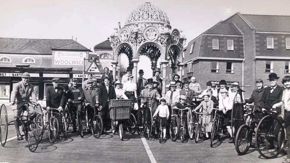 The first meeting of the March Vintage and Veteran Cycle Club pictured as they prepare for their ride which took them to Mill Hill and back, and along West End and back. Most of those joining in were related to Colin and had borrowed one of his cycles.