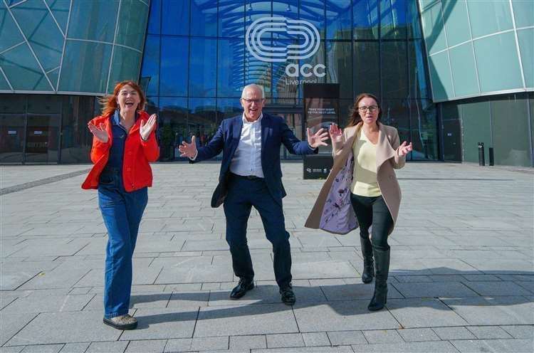 Claire McColgan, director of Culture Liverpool, Bill Addy, chief executive at the Liverpool Bid Company, and Faye Dyer, managing director of the ACC Group, outside Liverpool M&S Arena after the city was announced as host of 2023 Eurovision Song Contest (Peter Byrne/PA) (61598617)