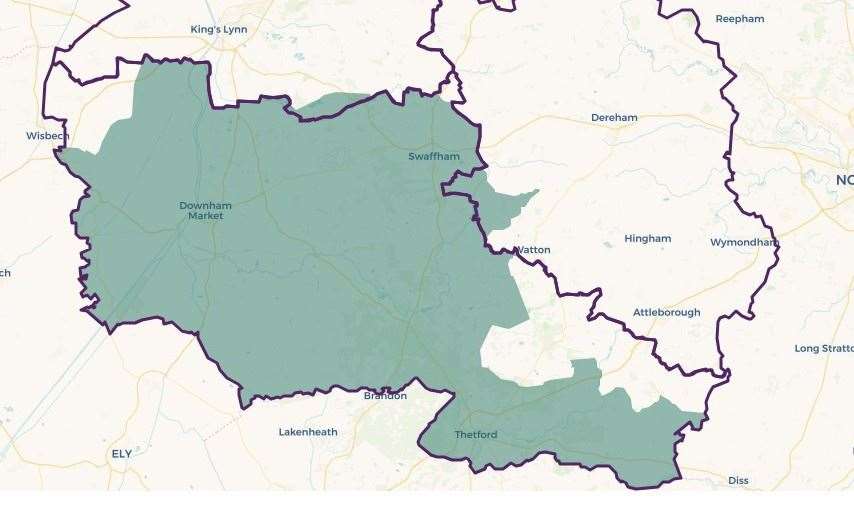 The green area is the new-look South West Norfolk constituency while the purple line denotes the former boundary. Photo: Boundary Commission.