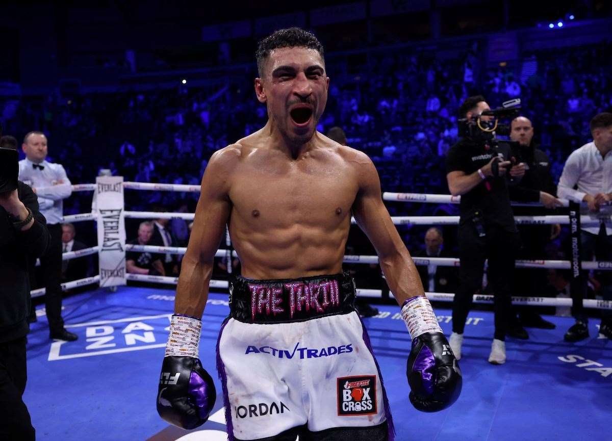 Jordan Gill celebrates an amazing win. Picture: Mark Robinson (Matchroom Boxing)