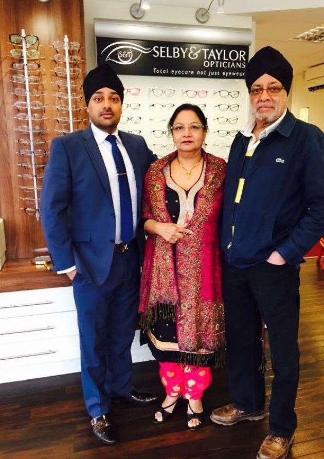 Bill Kalsi with wife Sushil and son Maninder at Selby and Taylor opticians, which now occupies the premises where he ran his pharmacy. (42787727)