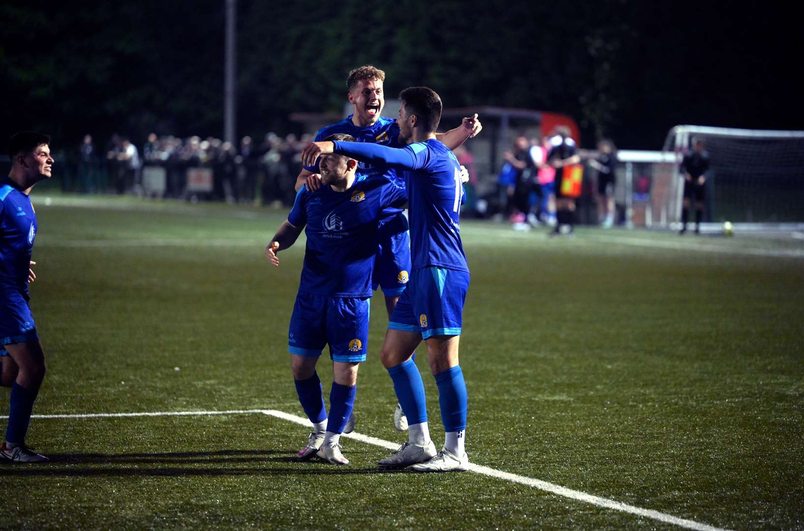 March (Blue) v Blackstones (Green and Black) in the final of the Hinchingbrooke Cup. Matt Foy celebrating his second goal of the evening to extend March's lead to 3-1