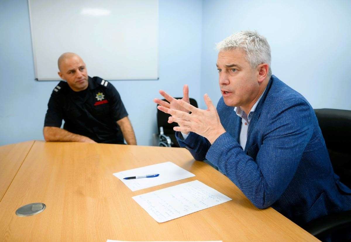 MP Steve Barclay has previously hosted a meeting with representative from Manea Fire Service and the parish council on plans to close the village fire station – he is pictured with Crew Commander Roly Rimmer who is behind an online petition to save the station