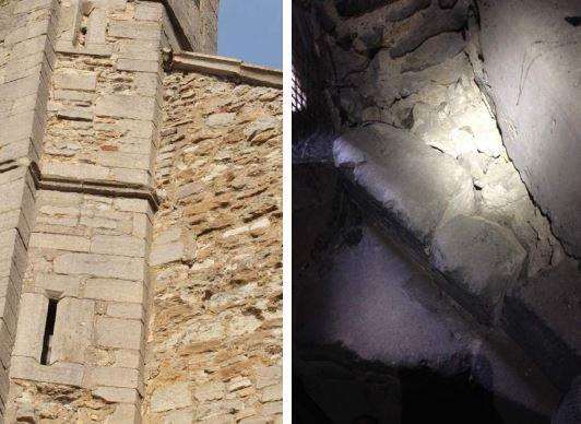 Stair turret at west end of the Nave: Large historic crack repairs have reopened. Unstable masonry and deep crackingthrough stairs and wall making it unsafe to use. (6938357)