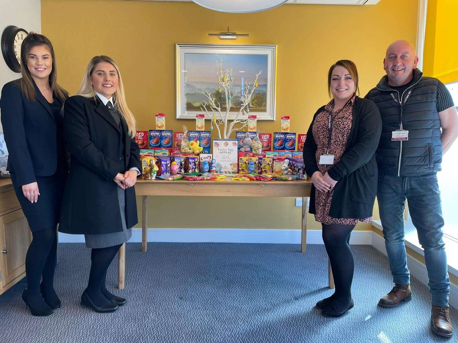 Baileys funeral directors Easter egg appeal. From left Charlotte Walford, funeral arranger, Jessie Wenn, funeral director, and from the Ferry Project Emma Webb and John Heathorn