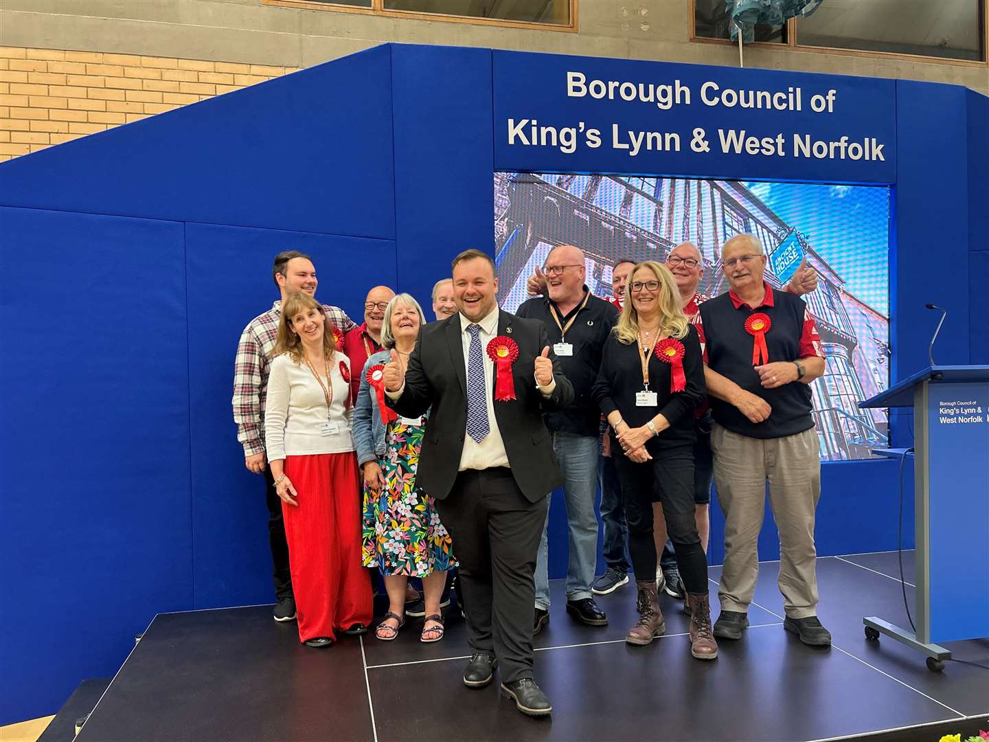 Big smiles from Terry Jermy and his team after an election win in South West Norfolk.