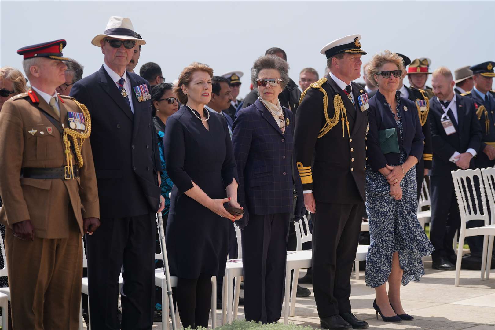 Defence Attache Colonel James Torbert, Vice Admiral Sir Tim Laurence, ambassador to the Republic of Turkey Jill Morris, the Princess Royal, First Sea Lord and Chief of the Naval Staff Admiral Sir Ben Key and his wife Elly during the Service of Commemoration of the United Kingdom, Commonwealth and Ireland at the Cape Helles Memorial near Sedd el Bahr (Yui Mok/PA)