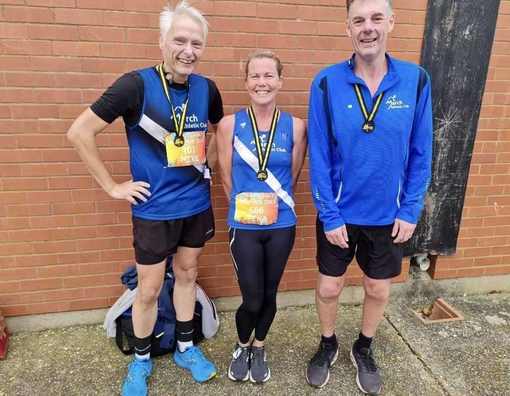March runners Mike Blackledge, Tina Lambert and Graeme Dedman in St Neots