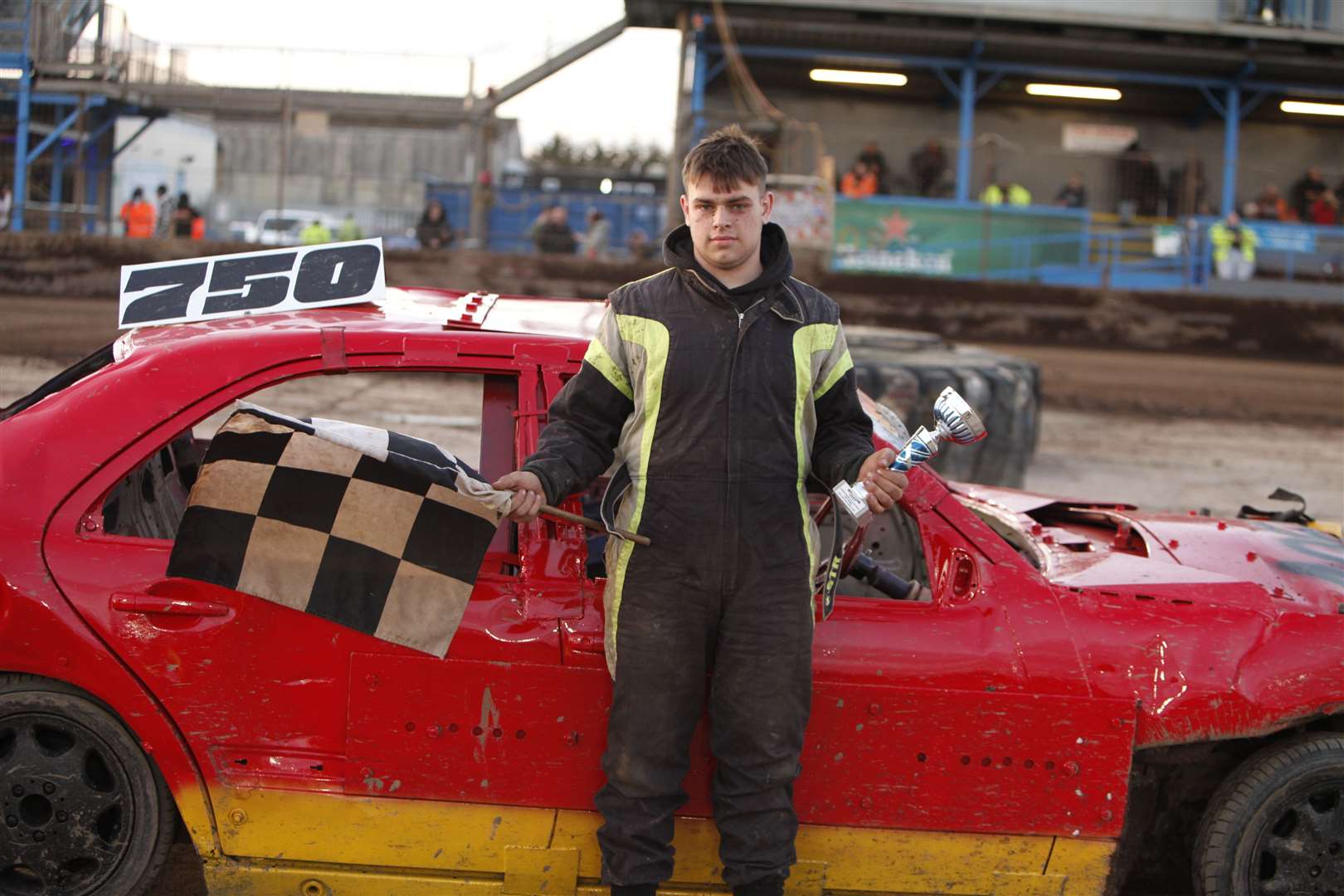 Rhys Parrin, 16, following his final win at the Unlimited Banger War of the Worlds which cemented his qualification for Saturday’s World of Shale. Picture: Dave Bastock