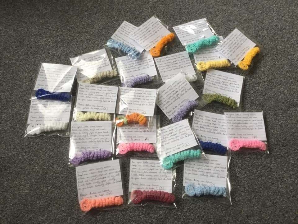 Worry worms like these have been left for children to find around the town by crocheters Linda Richardson and Michelle Powell. Photo: Linda Richardson/Facebook
