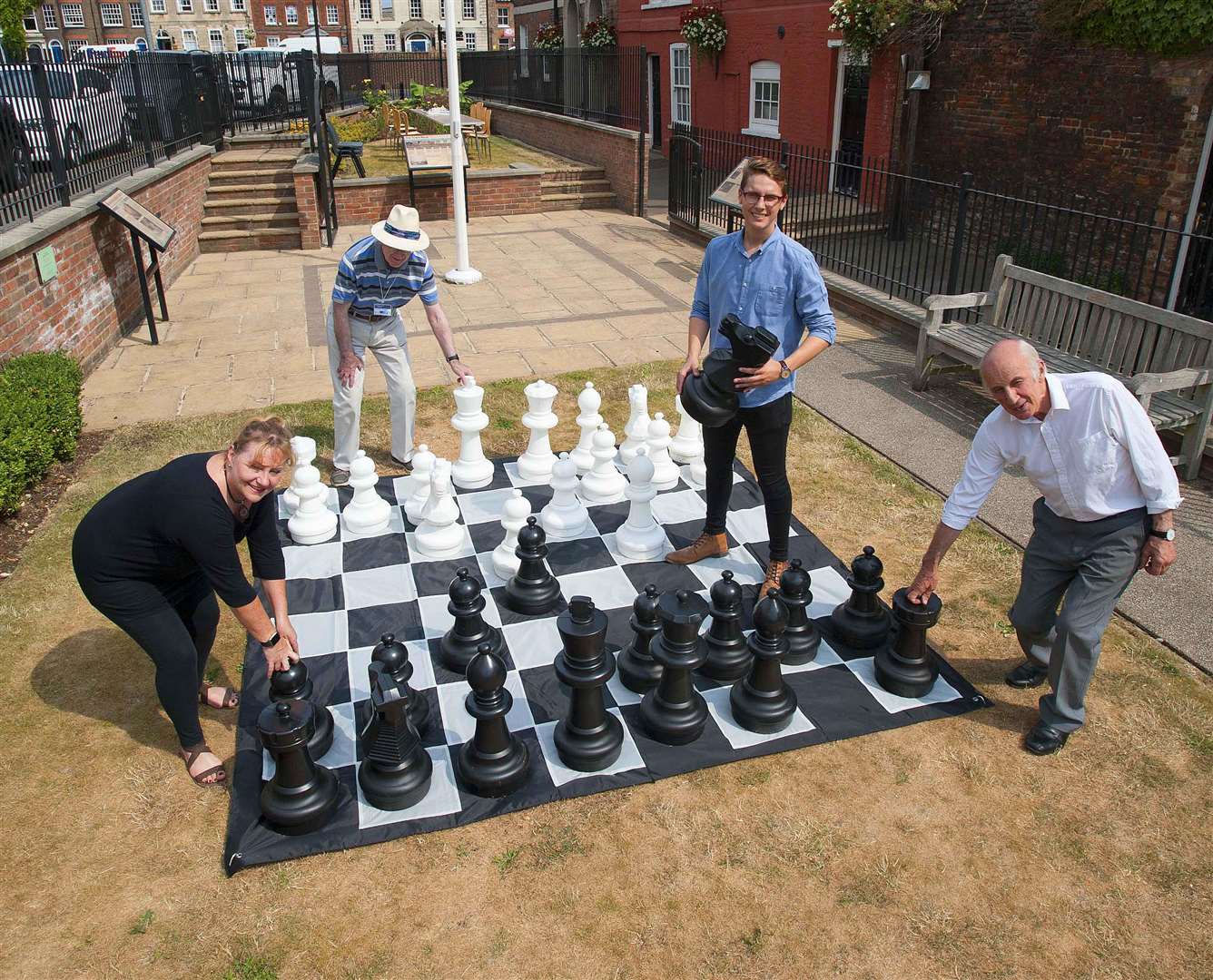 Giant Game of Chess to mark Worl Chess Day. Pictured Peter King. Clive Donald. Red Vaughan. Angie Nixon. at Centenary Green Octavia Hill Birthplace Wisbech.. (3190270)