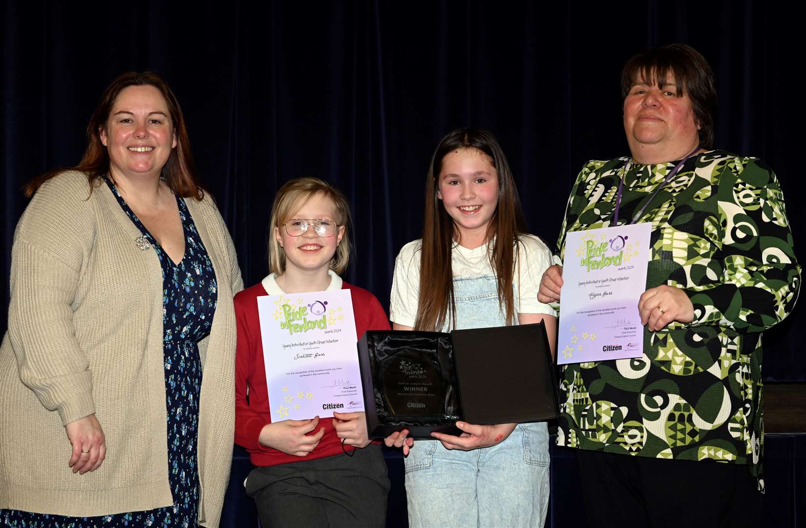 Pride in Fenland Awards night Special Category Awards Cllr Susan Wallwork, The Special Judges Award to Scarlett and Alyssa Bass and Cllr Sam Clark
