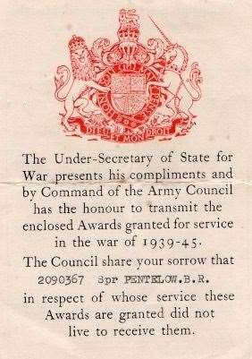 The Pentelow family received this certificate after Bernard's death aged just 23. (55400826)