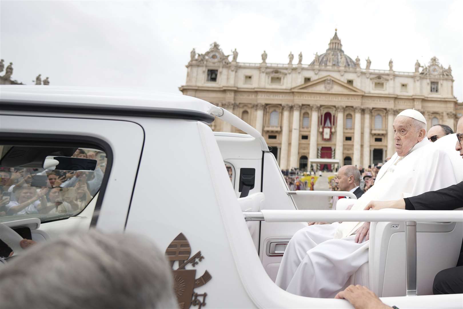 Pope Francis tours St Peter’s Square in his popemobile after bestowing the Urbi et Orbi (Latin for to the city and to the world) blessing at the end of the Easter mass in St Peter’s Square at the Vatican on Sunday (Andrew Medichini/AP)