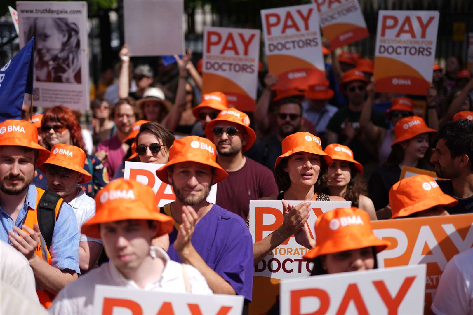 Junior doctors protest opposite Downing Street in June 2024 (Jordan Pettitt/PA)
