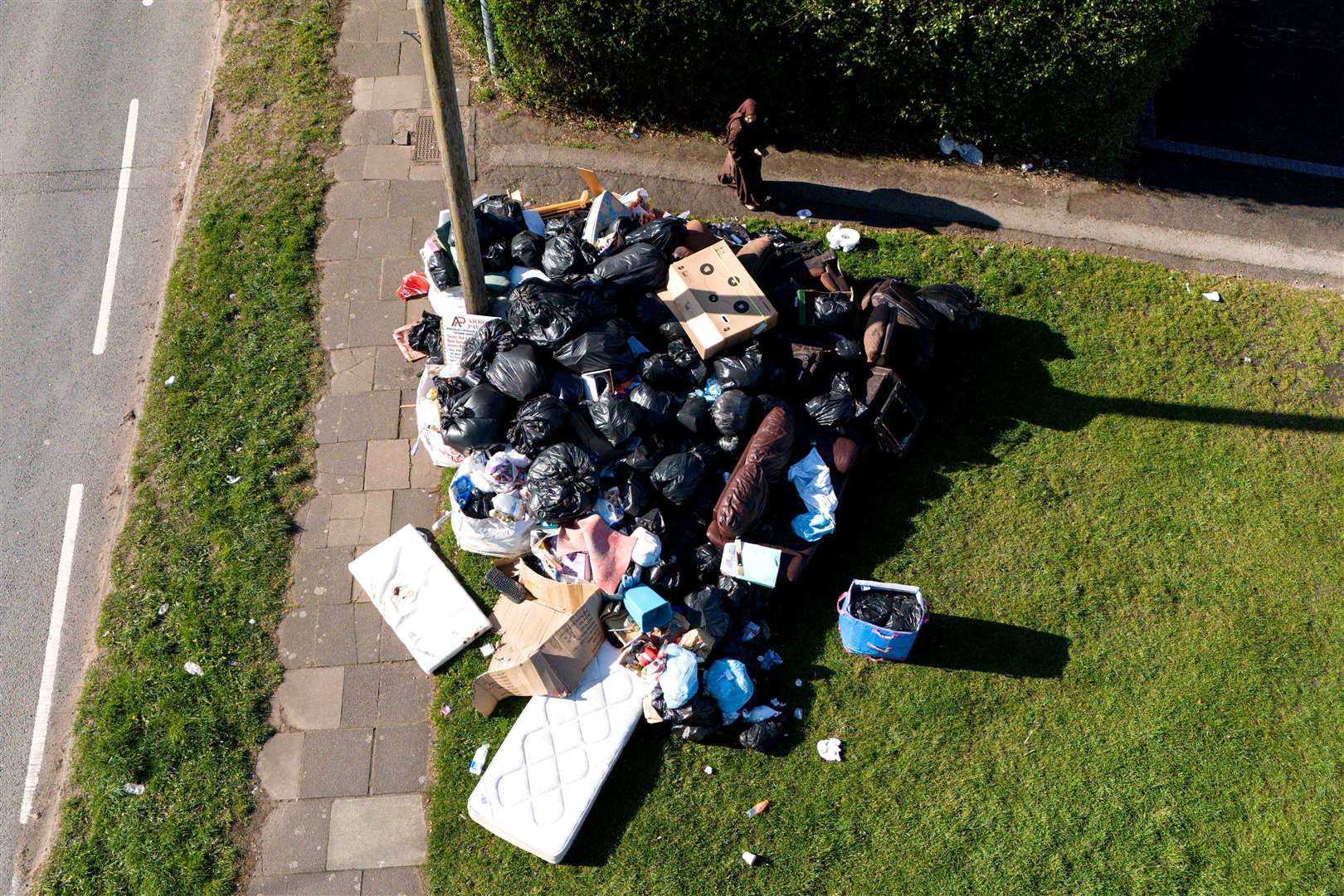 An aerial view of furniture and uncollected refuse bags in Yardley, east Birmingham at the start of April (Jacob King/PA)