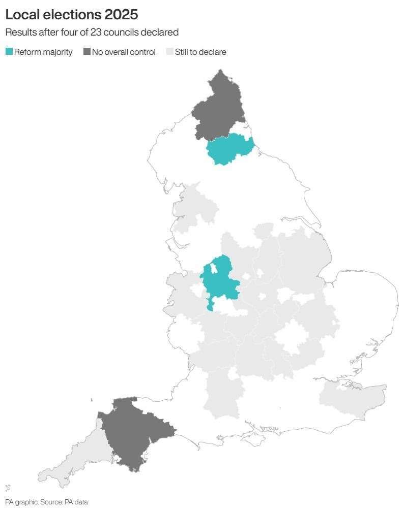Local elections 2025: results after four of 23 councils declared. Infographic from PA Graphics. An editable version of this graphic is available if required. Please contact graphics@pamediagroup.com. Embed code for interactive version: