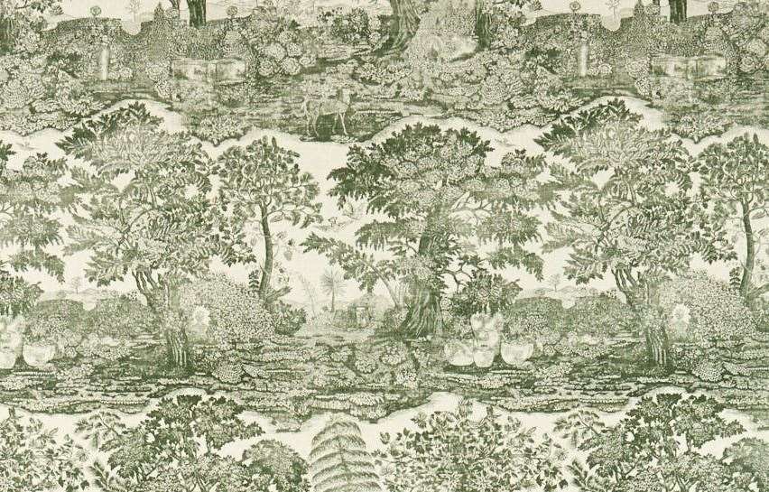 The Highgrove Toile in Yew Green including a depiction of a bust of the King seen through an opening in a topiary hedge (Highgrove by Sanderson/Sanderson Group/PA)