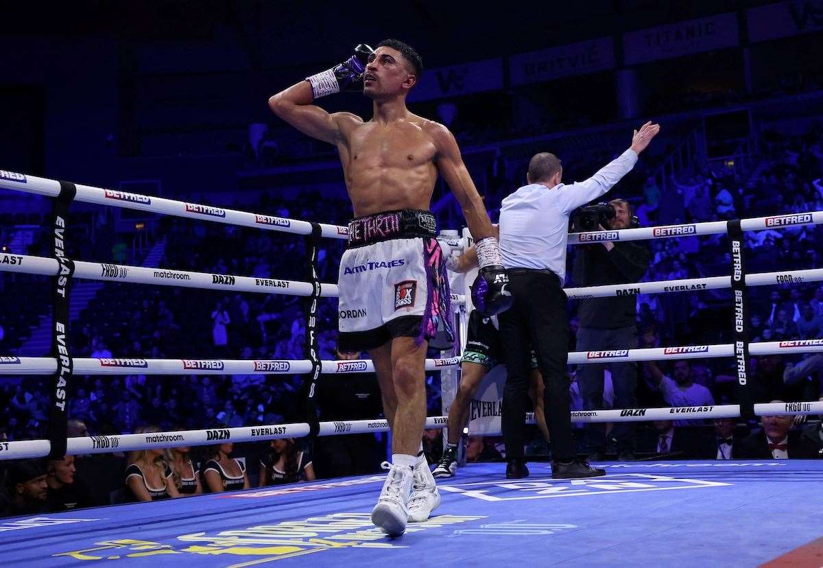 Jordan Gill walks away after ending the fight. Picture: Mark Robinson (Matchroom Boxing)