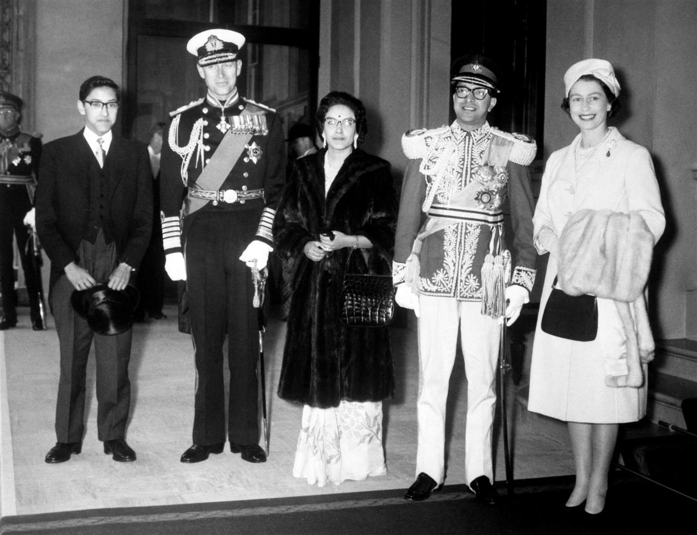 The late Queen welcomed King Mahendra of Nepal, his consort Queen Ratna and Crown Prince Birendra to Buckingham Palace for a state visit to the UK in 1960 (PA)