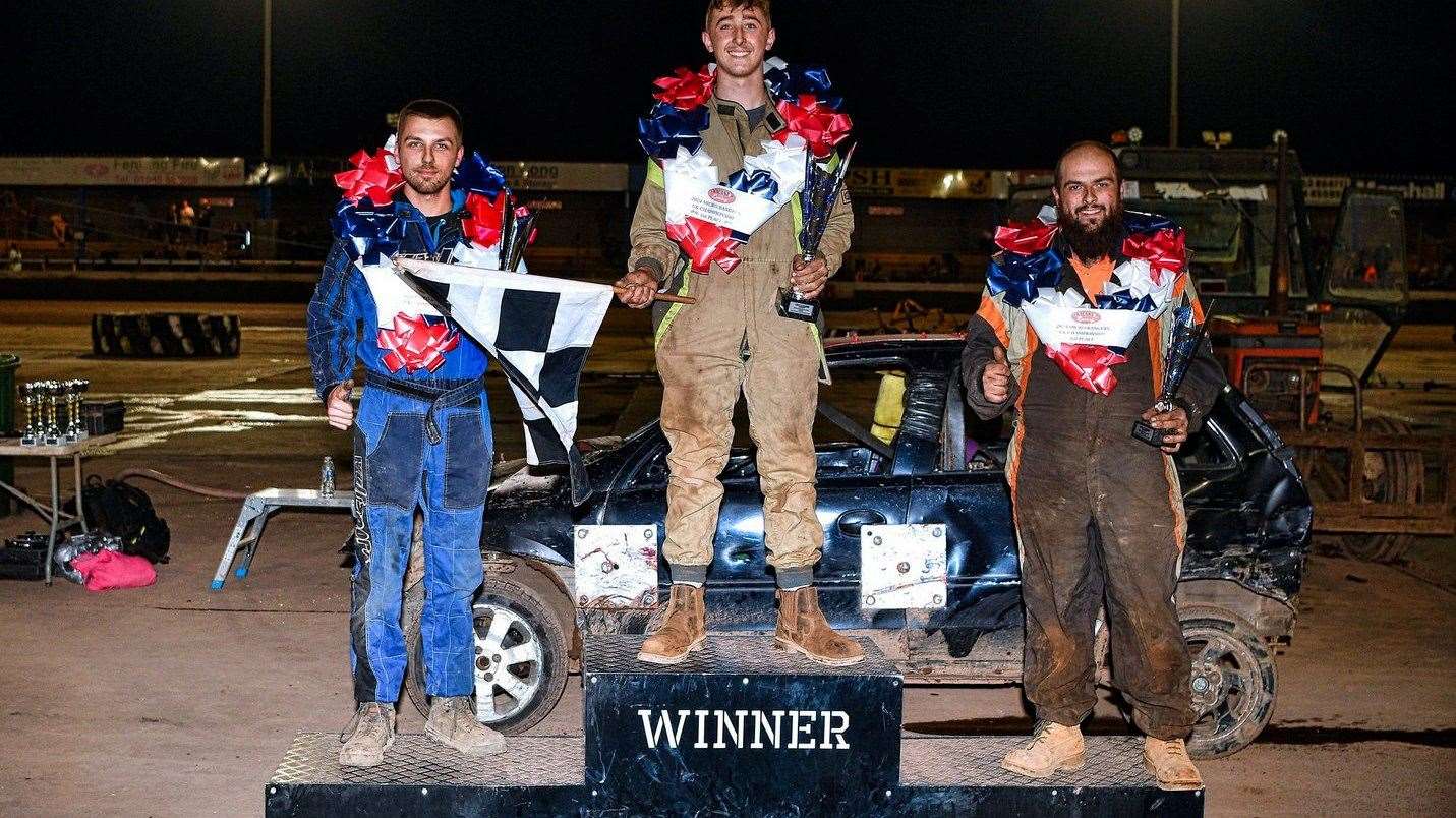 Two Fenland drivers on the podium for the Micro UK with Brad Bartram, left, coming second and Jack Maryon, right, in third. Jamie Steele, centre, took the title. Picture: Jim Harrod