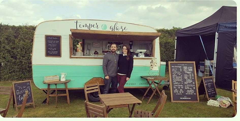 Jasmin Hartley and fiance Philip Norris with their caravan tea shop.