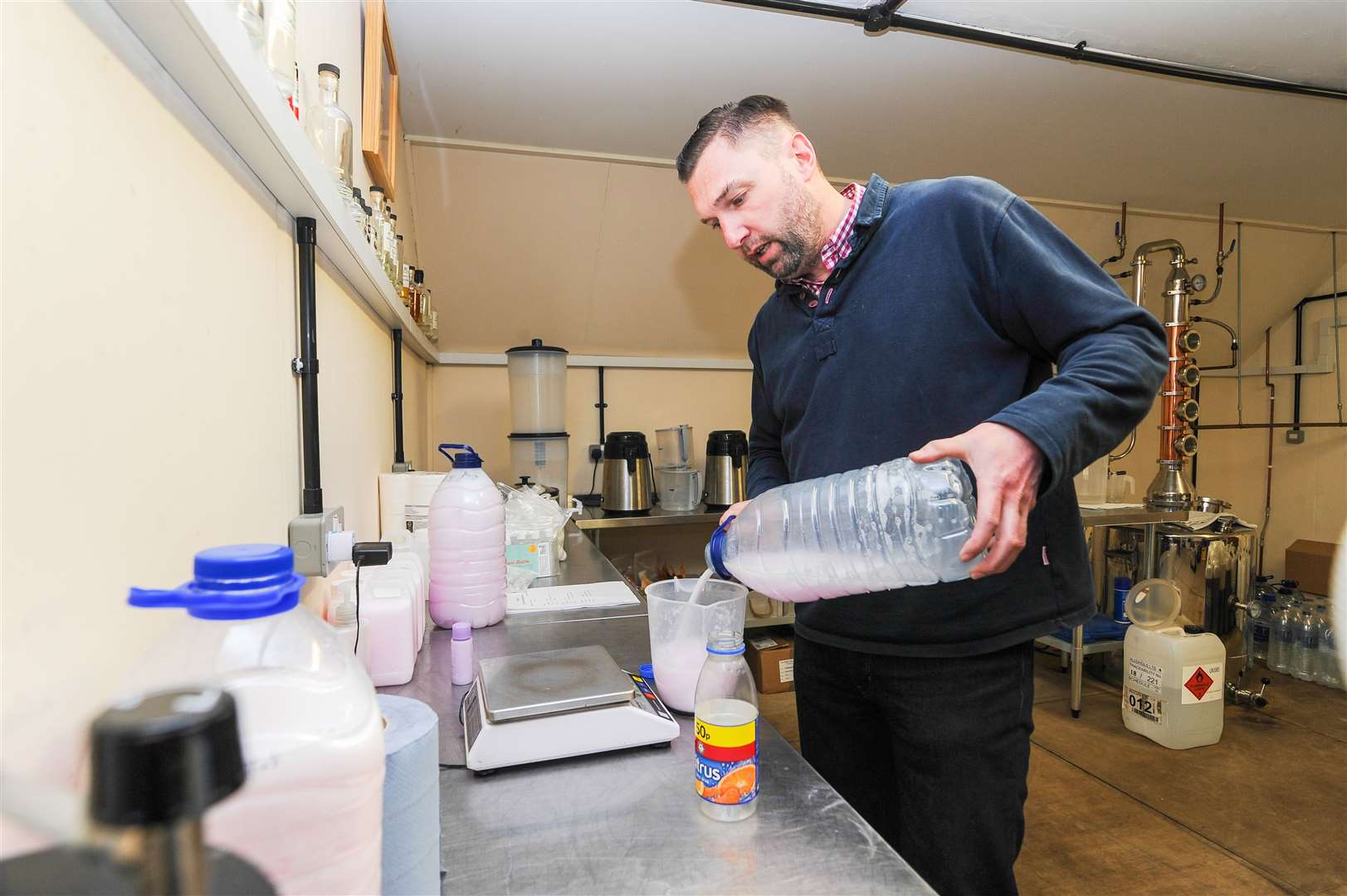 Anthony Winterbourne has been making sanitiser from leftover alcohol at FenSpirits Ltd in Wisbech.. (31729612)