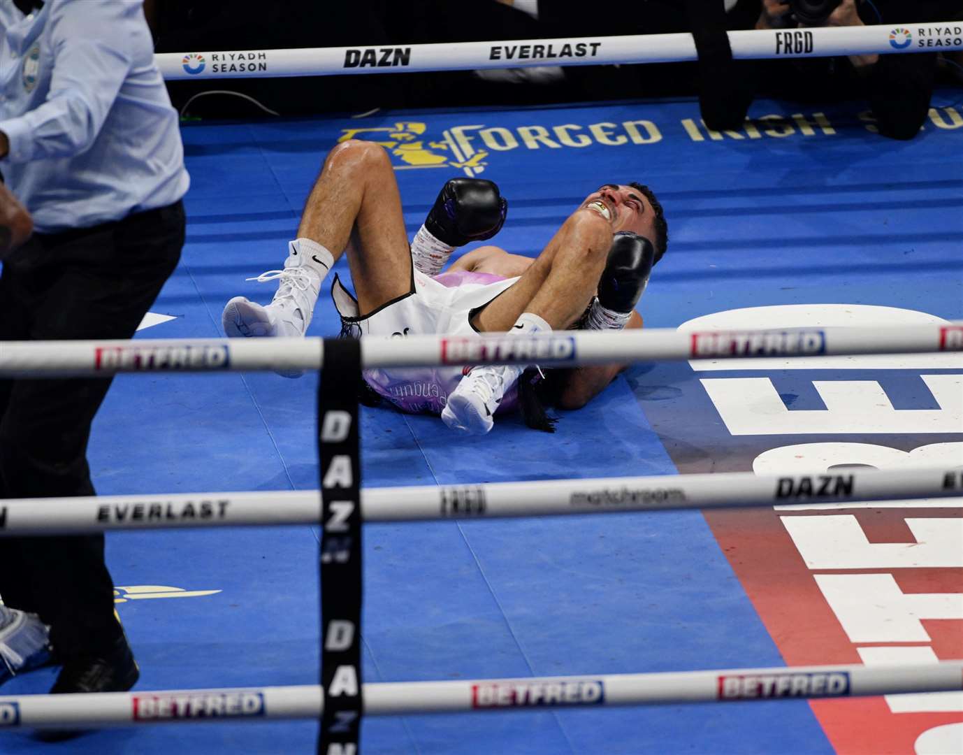 Jordan Gill hits the deck. Picture: Matthew Pover (Matchroom Boxing)