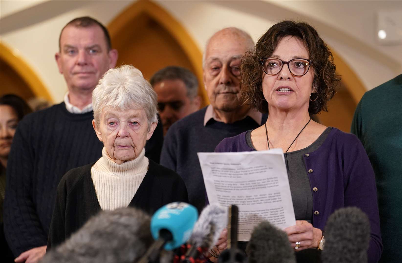 Julia Waters, sister of Ruth Perry, speaking to members of the media in Reading Town Hall at the end of the inquest for the headteacher (Andrew Matthews/PA)