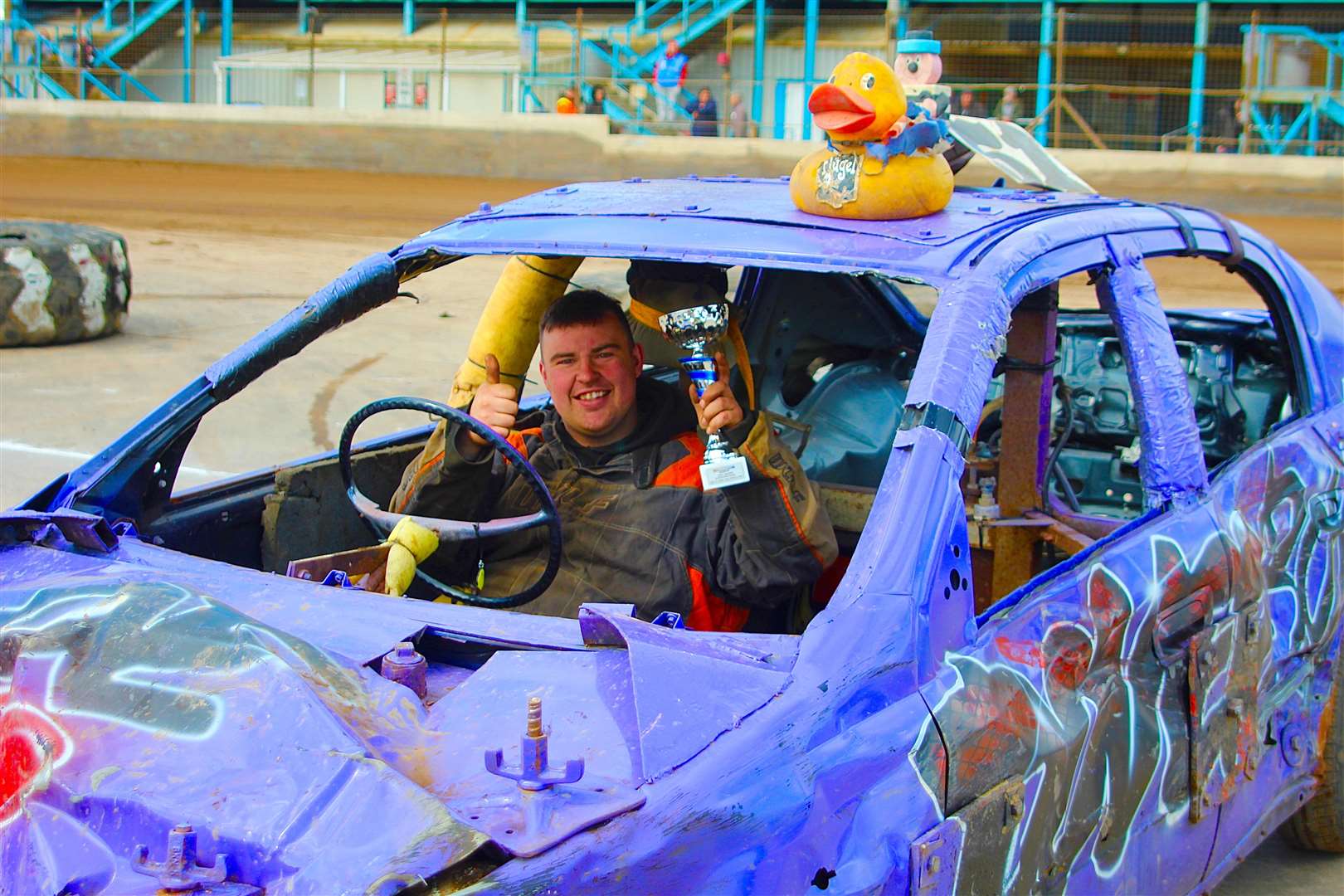 James Licquorice with his entertainer award following another fantastic performance in the 1600cc bangers on Sunday. Picture Kieran Bonsall
