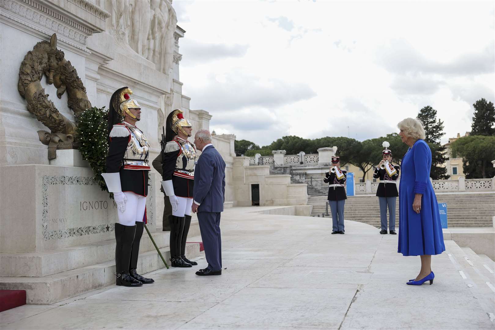 Charles and Camilla took part in a wreath-laying ceremony at the Tomb of the Unknown Soldier, at Altare della Patria in Rome (Andrew Parsons/PA)