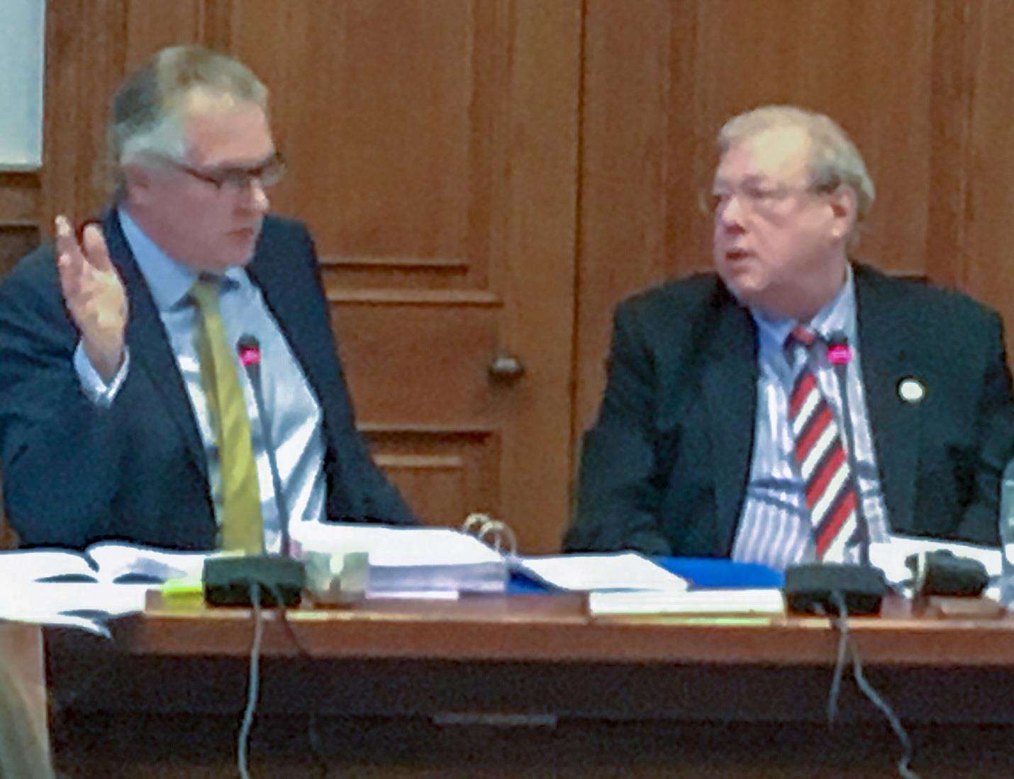 Councillor Simon King (right) answers questions from his barrister Mike Magee. (5143627)