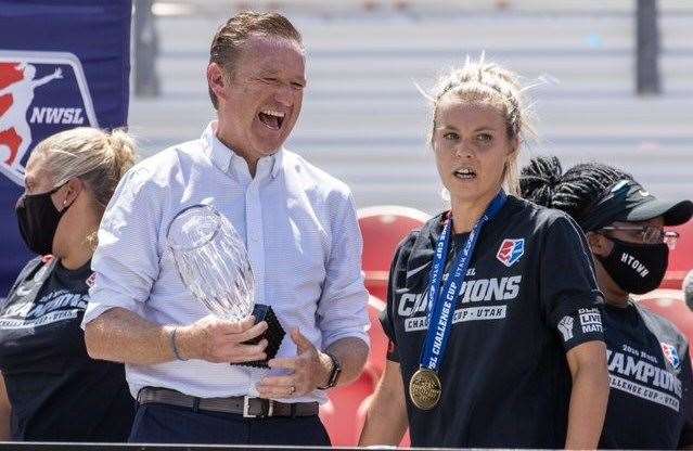 Head coach James Clarkson and captain Rachel Daly celebrate Houston Dash's success in the NWSL Challenge Cup in Utah, USA. Photo supplied. (39805175)