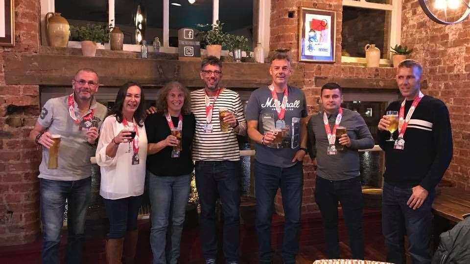 7 March runners having a well earned drink after the race. From left- Andrew Wool, Nina Markillie, Michelle Fovargue, Andrew Fovargue, Graeme Dedman, Teilo Pearce and Jon Long. (19806159)